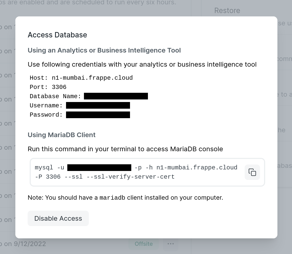 Database Access Credentials