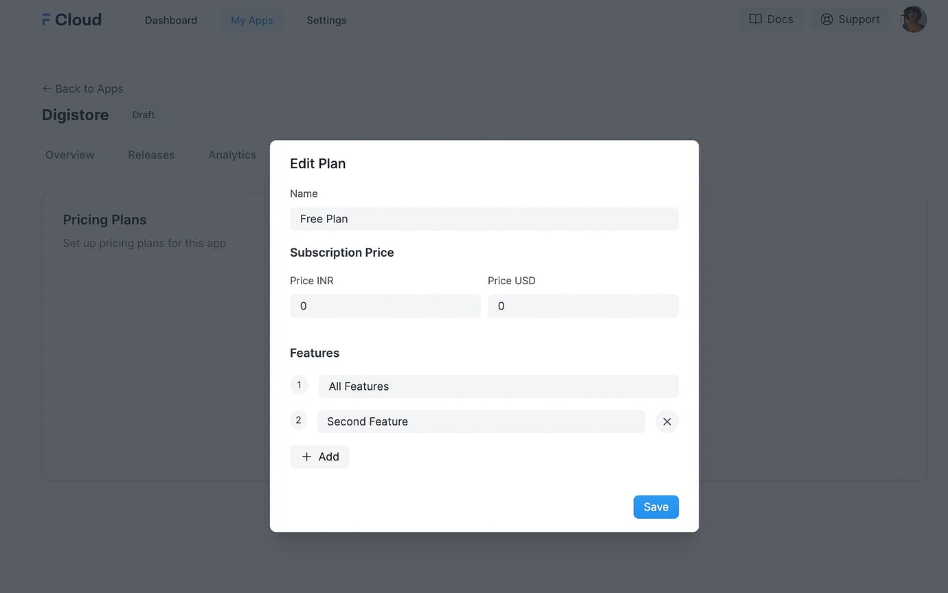 Edit Pricing Plan Dialog