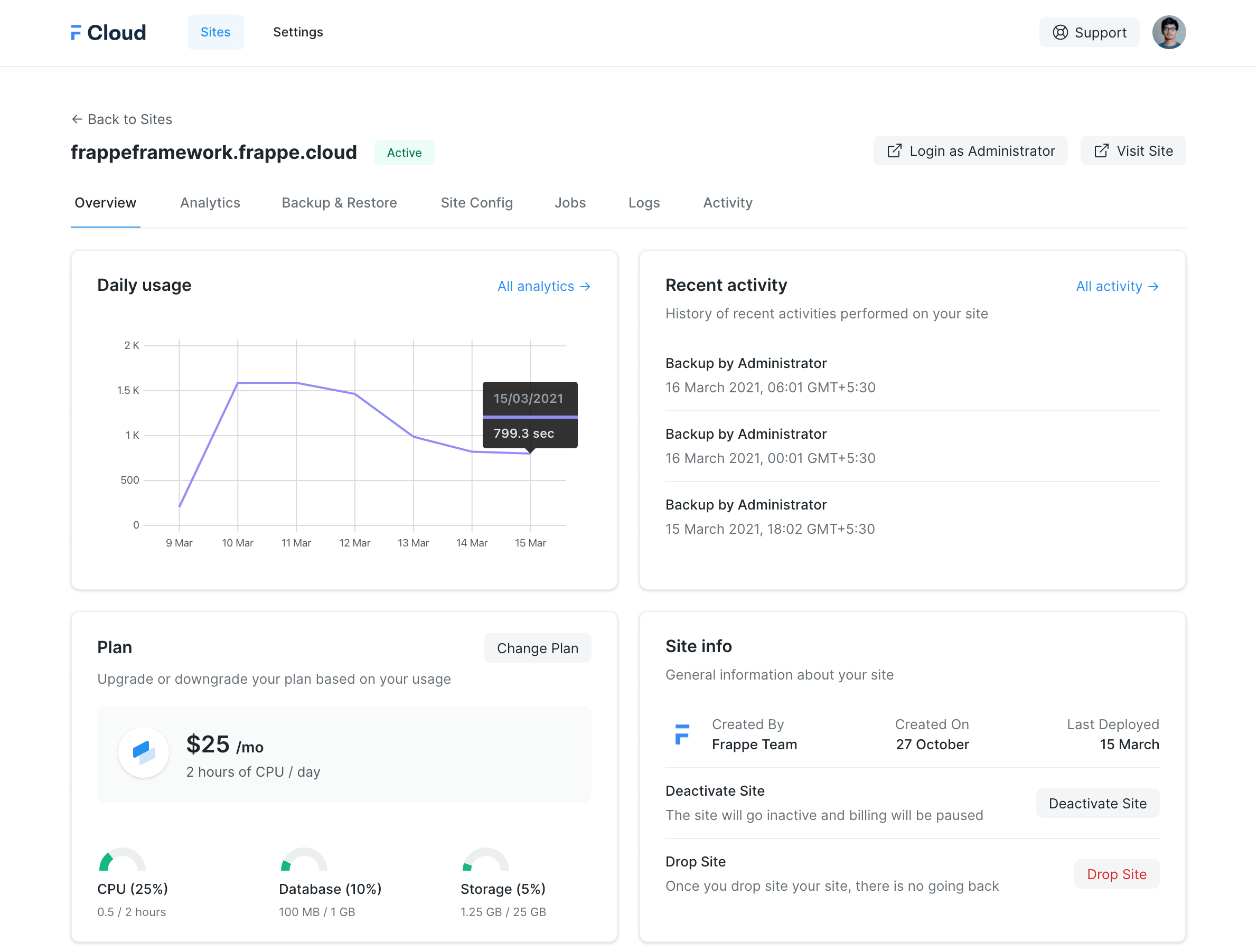 Frappe Cloud Dashboard Preview