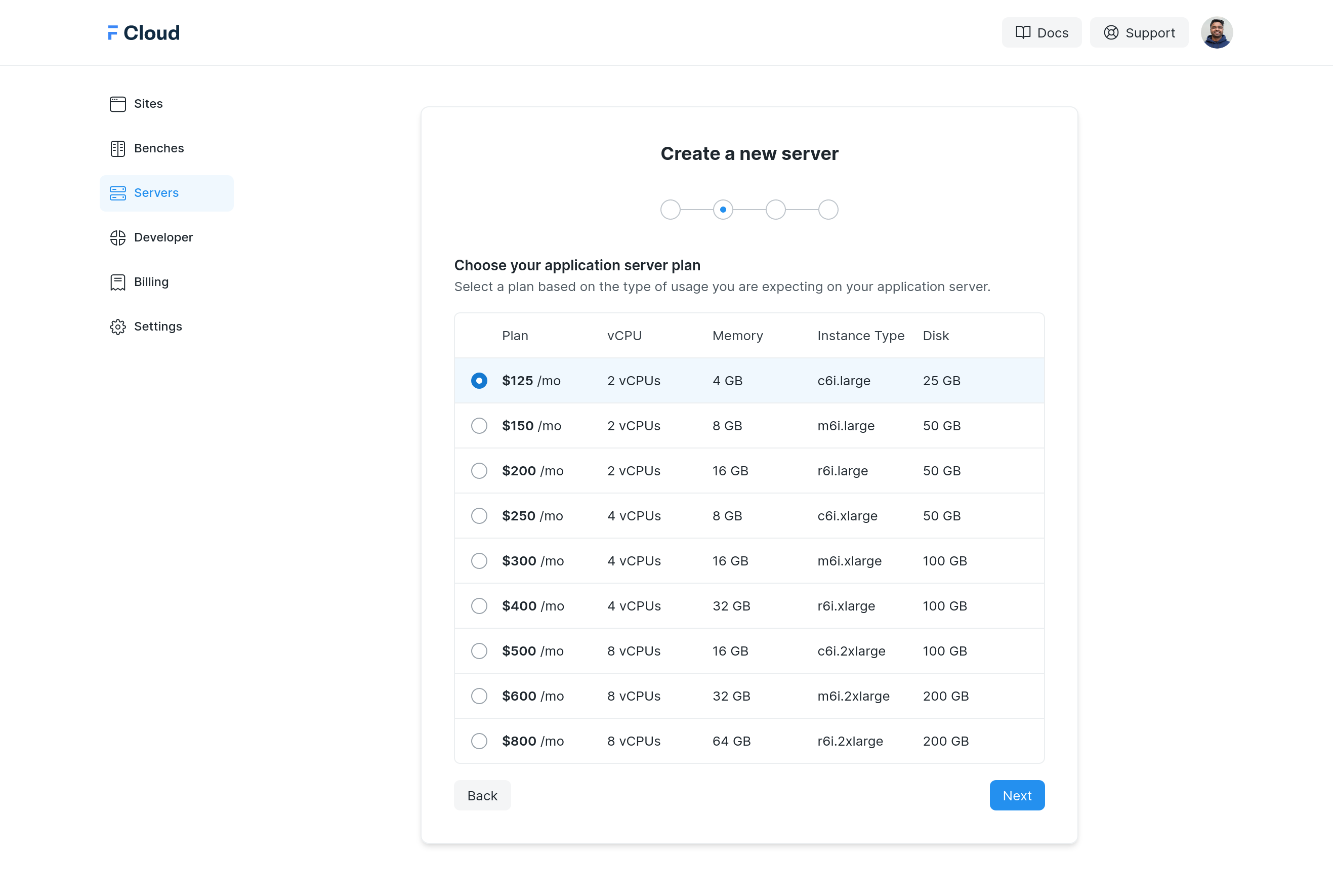 New Server - Select Plan